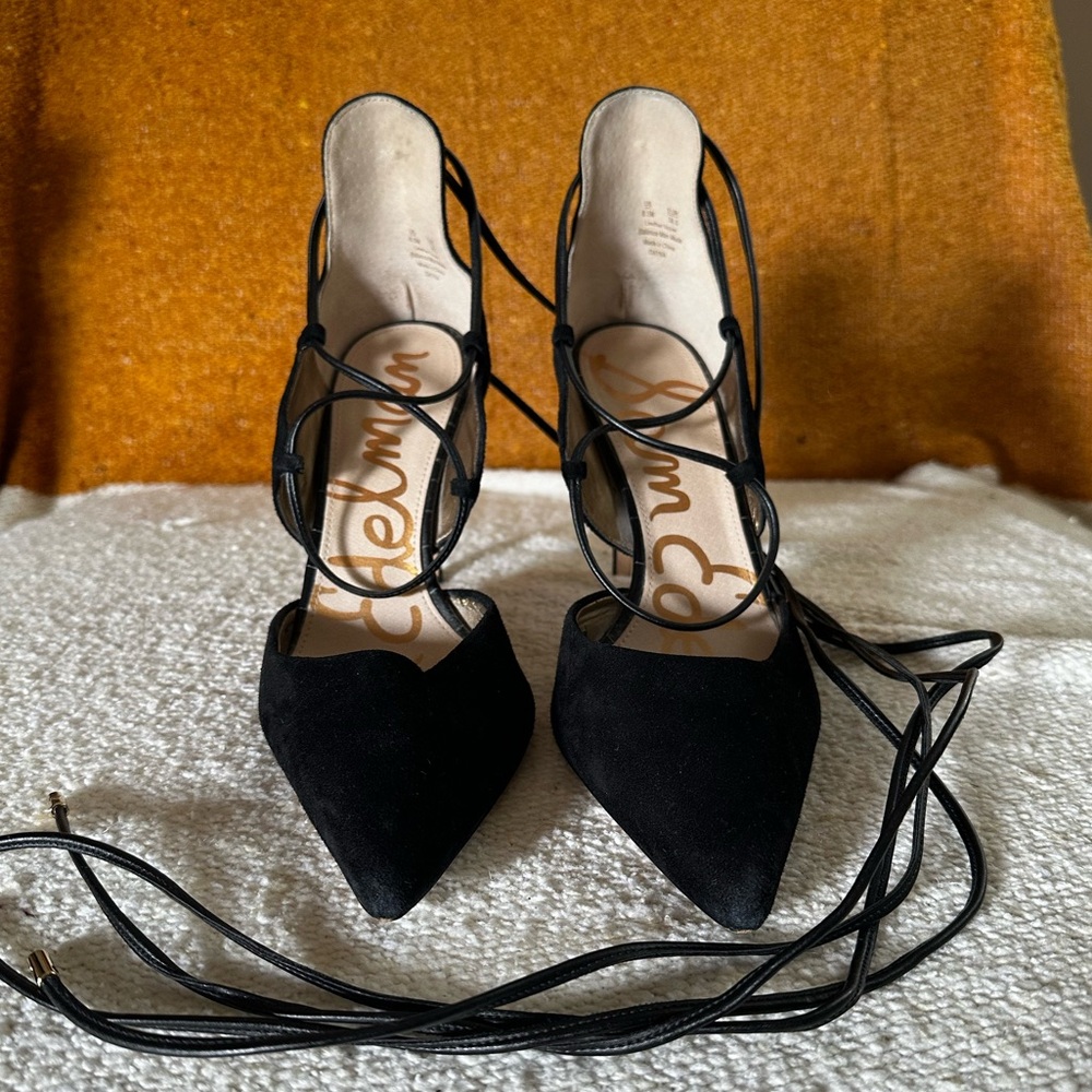 SAM EDLEMAN Dayna D’Orsay Suede Lace Up Black Stiletto